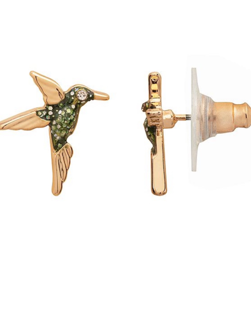 Gold Hummingbird Stud Earrings with Green Crystal Accents